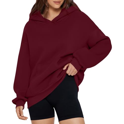 Generisch Hoodie Damen Oversize Kapuzenpullover Damen Winterpullover Warm Kapuze Pullover Hoodies Sweatshirt Oberteile Herbst Casual Langarmshirt Basic Tops mit Tasche Wine 1 XXL von Generisch