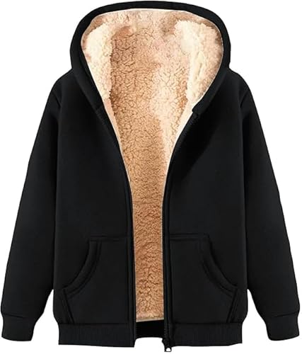Generisch Jacke Damen Fleecejacke Sweatjacke mit Kapuze Winterjacke Teddyfleece übergangsjacke Warm Einfarbig Langarm Teenager Mädchen Kapuzenjacke mit Reißverschluss Outdoorjacke Bekleidung von Generisch