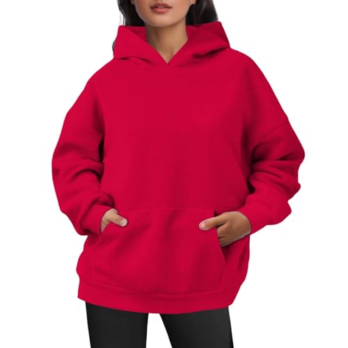 Generisch Hoodie Damen Oversize Langarm Fleece Pullover Baggy Sweatshirt Einfarbig Kapuzenpullover Sport Pulli Mit Tasche Stretch Sweatjacke Warm Oberteile Leicht Streetwear Red L von Generisch
