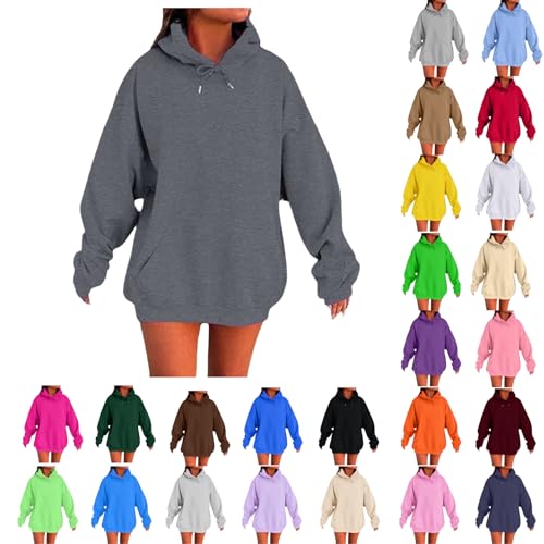 Generisch Hoodie Damen Oversize Pullover Basic Einfarbige Kapuzenpullover mit Kapuze und Tasche Sweatshirt Baumwolle Sportjacke Langarm Tops Retro Sport Oberteile Streetwear Kapuzenpullover Damen von Generisch