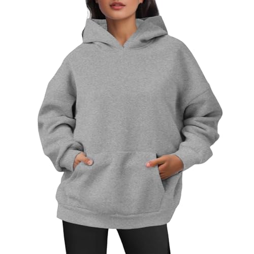 Generisch Hoodie Damen Oversize Pullover Sport Langarm Fleece Gefütterte Sweatshirt Mit Kapuze Und Taschen Einfarbig Basic Kapuzenpullover Locker Sweatjacke Stretch Weich Hoodies Grey L von Generisch