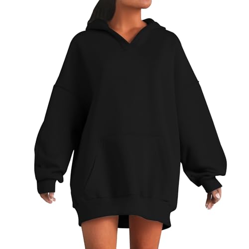 Generisch Hoodie Damen Oversize Pullover Sport Langarm Fleece Gefütterte Sweatshirt mit Kapuze Einfarbig Basic Kapuzenpullover, S-5XL von Generisch