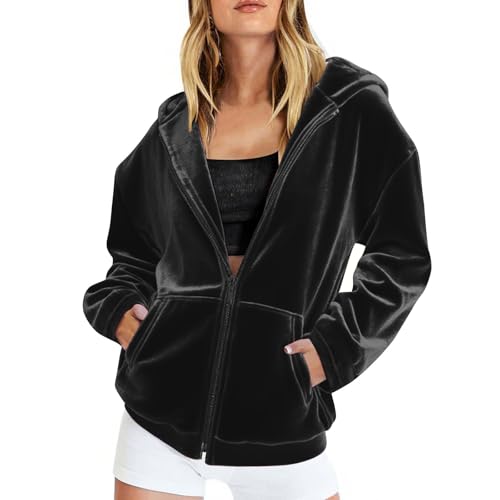 Generisch Hoodie Damen Oversize Samt Sweatjacke Leicht mit Kapuze Elegant Einfarbig Kapuzenjacke mit Taschen Teenager Mädchen Sweatshirt Locker College Jacke Streetwear Sportjacke Trainingsjacke von Generisch