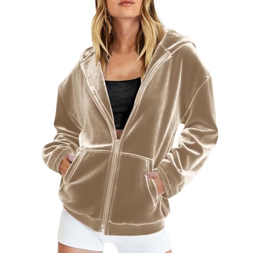 Generisch Hoodie Damen Oversize Samt Sweatjacke Leicht mit Kapuze Elegant Einfarbig Kapuzenjacke mit Taschen Teenager Mädchen Sweatshirt Locker College Jacke Streetwear Sportjacke Trainingsjacke von Generisch