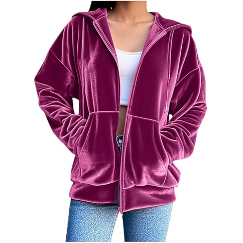 Generisch Hoodie Damen Oversize Samt Sweatjacke Leicht mit Kapuze Elegant Einfarbig Kapuzenjacke mit Taschen Teenager Mädchen Sweatshirt Locker College Jacke Streetwear Sportjacke Trainingsjacke von Generisch