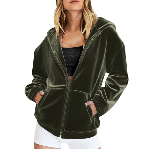Generisch Hoodie Damen Oversize Samt Sweatjacke Leicht mit Kapuze Elegant Einfarbig Kapuzenjacke mit Taschen Teenager Mädchen Sweatshirt Locker College Jacke Streetwear Sportjacke Trainingsjacke von Generisch