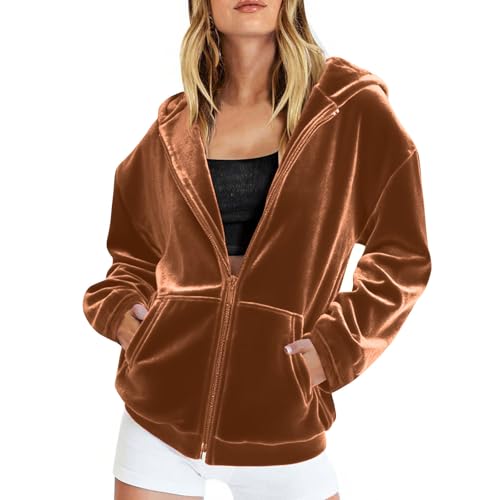 Generisch Hoodie Damen Oversize Samt Sweatjacke Leicht mit Kapuze Elegant Einfarbig Kapuzenjacke mit Taschen Teenager Mädchen Sweatshirt Locker College Jacke Streetwear Sportjacke Trainingsjacke von Generisch