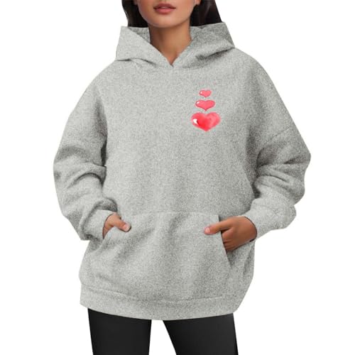 Generisch Hoodie Damen Oversize Sweatshirts Valentinstag Herz Aufdruck Kapuzenpullover Harajuku Damen Hoodie Mit Kapuze Fleece Langarmshirt Sipperjacke Aesthetic Trainingsjacke Outwear（Grau,M von Generisch