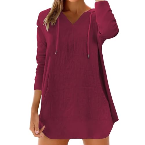 Generisch Hoodie Damen Oversize Tunika Tops Langarm V-Ausschnitt Leinenbluse mit Kapuze Modische Dünnes Kapuzenpullover Große Größen Pullover Sweatshirt Leicht und Luftig Longshirt mit Taschen von Generisch