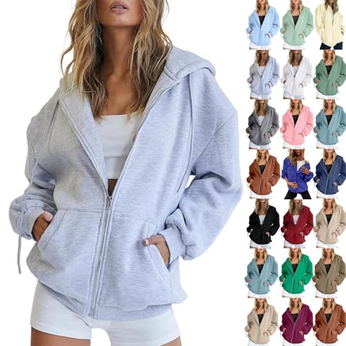 Generisch Hoodie Damen Sweatjacke Baumwoll Kapuzenjacke Herbst Elegant Lang Sweatshirt Bequeme Kapuzenpullover Mit Kapuze Reißverschluss Mantel Oversize Pullover von Generisch