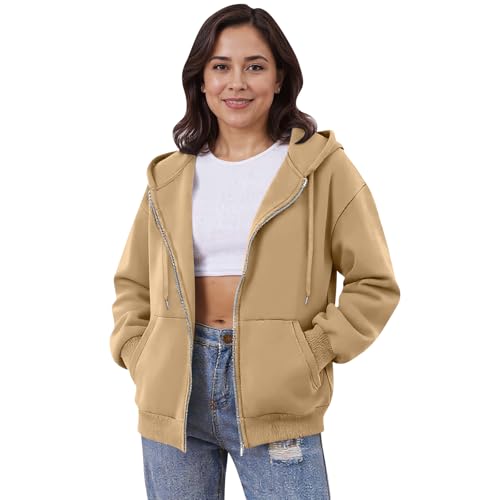 Generisch Hoodie Damen Sweatjacke Kapuzenjacke Herbst Winter Lang Sweatshirt Kapuzenpullover Mit Kapuze Reißverschluss Mantel Oversize Pullover 1#Kamel M von Generisch