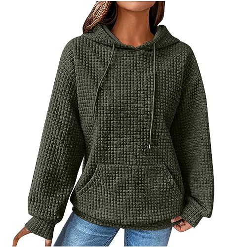 Hoodie Damen Waffel Pullover Kapuzenpullover mit Taschen Herbst Strickpullover Winter Hoody Sweatshirt Einfarbig Baumwolle Strickpullover Langarmshirt Warm Pulli Oberteile Outwear Armeegrün L von Generisch