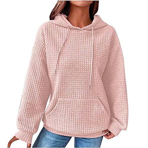 Hoodie Damen Waffel Pullover Kapuzenpullover mit Taschen Herbst Strickpullover Winter Hoody Sweatshirt Einfarbig Baumwolle Strickpullover Freizeit Langarmshirt Warm Pulli Oberteile Outwear Rosa L von Generisch