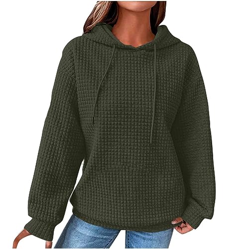 Hoodie Damen Waffel Pullover Kapuzenpullover mit Taschen Herbst Strickpullover Winter Hoody Sweatshirt Einfarbig Baumwolle Strickpullover Langarmshirt Warm Pulli Oberteile Outwear Armeegrün XXL von Generisch