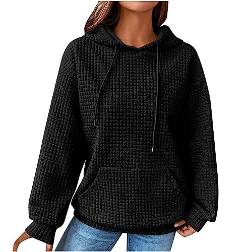 Generisch Hoodie Damen Waffel Pullover Kapuzenpullover mit Taschen Herbst Strickpullover Winter Hoody Sweatshirt Einfarbig Baumwolle Freizeit Langarmshirt Warm Oberteile Blitzangebote 02 Schwarz XL von Generisch
