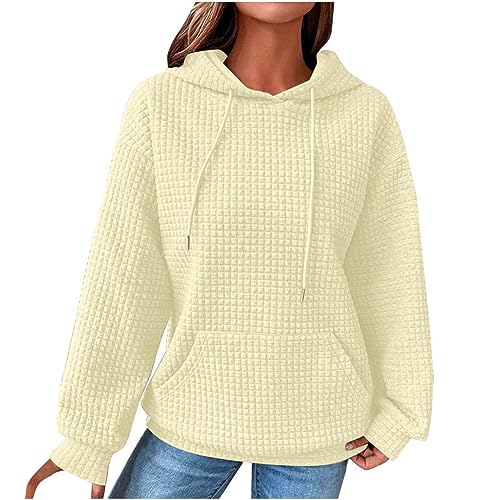 Hoodie Damen Waffel Pullover Kapuzenpullover mit Taschen Herbst Strickpullover Winter Hoody Sweatshirt Einfarbig Baumwolle Strickpullover Freizeit Langarmshirt Warm Pulli Oberteile Outwear Beige M von Generisch