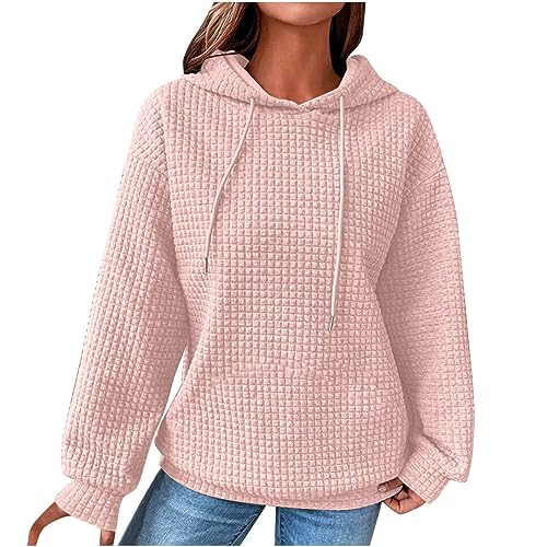 Generisch Hoodie Damen Waffel Pullover Kapuzenpullover mit Taschen Herbst Strickpullover Winter Hoody Sweatshirt Einfarbig Baumwolle Freizeit Langarmshirt Warm Oberteile Blitzangebote 04 Rosa XL von Generisch