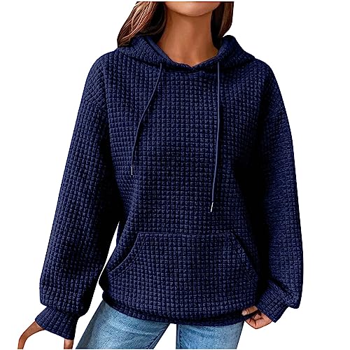 Generisch Hoodie Damen Waffel Pullover Kapuzenpullover mit Taschen Herbst Strickpullover Winter Hoody Sweatshirt Einfarbig Baumwolle Freizeit Langarmshirt Warm Oberteile Damen Sale 02 Marine L von Generisch