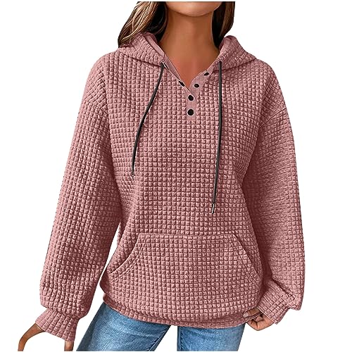 Hoodie Damen Waffel Pullover Kapuzenpullover mit Taschen Herbst Strickpullover Winter Hoody Sweatshirt Einfarbig Baumwolle Strickpullover Freizeit Langarmshirt Warm Pulli Oberteile Outwear Rosa M von Generisch