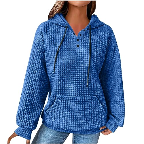 Generisch Hoodie Damen Waffel Pullover Kapuzenpullover mit Taschen Herbst Strickpullover Winter Hoody Sweatshirt Einfarbig Baumwolle Freizeit Langarmshirt Warm Oberteile Warehouse Deal 04 Blau XL von Generisch