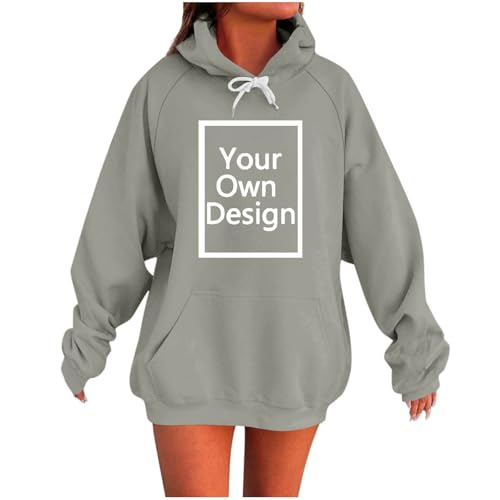 Generisch Hoodie Damen Warme Pullover Personalisiert mit Text & Bild Bedrucken Kapuzenpullover Einfarbige Sweatshirt mit Kapuze Winter Bekleidung Teenager Mädchen Basic Oberteil Elegant Grau XXL von Generisch