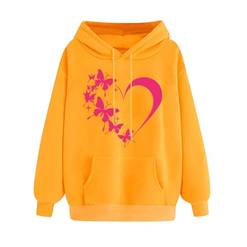 Generisch Hoodie Damen Winter Baumwolle Langarm Sweatshirt Mode Liebe Kapuzenpullover Warme Freizeit Pullover Frauen Hoody mit Kapuze Fashion Pulli Langarmshirts Blitzangebote Gelb XXL von Generisch