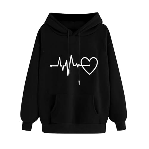 Generisch Hoodie Damen Winter Baumwolle Langarm Sweatshirt Mode Liebe Kapuzenpullover Warme Freizeit Pullover Frauen Hoody mit Kapuze Fashion Pulli Langarmshirts Geldgeschenke Geburtstag Schwarz XL von Generisch