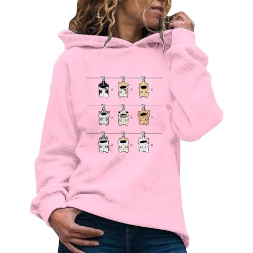 Generisch Hoodie Damen Winter Langarm Rundhals Leichter Kapuzenpullover Herbst Casual Pullover Hoody Pullover Winter Damen Warm Pinker Hoodie Oversize Hoody Jacke Damen Weiss von Generisch