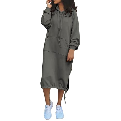 Generisch Hoodie Damen lang, Sweatkleid Damen Lang Große Größen Pulloverkleid Hoodie Kleid Langarm Lässiges Tunikakleid Weich und Bequem Winterkleid Sweatshirtkleid mit Kapuze Einfarbig Oversize von Generisch