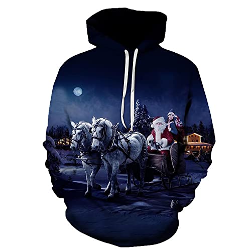 Generisch Hoodie Herren, Herren Weihnachten Sweatshirt Weihnachtsmann Cartoon 3D Druck Hoodie Langarm Pullover Oversized Hoodie Men Pullover Weinachtspolover Hässliche Pullover (3XL, Marine) von Generisch