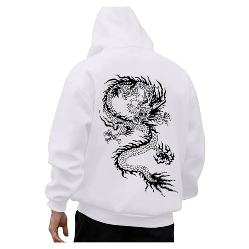 Generisch Hoodie Herren, Hoodie Herren Oversize Drachen Print Pullover Sweatshirt mit Kapuze Backprint Langarm Kapuzenpullover Hoody mit Kordelzug Tasche Männer Winter Casual Kapuzenpulli Hoodies von Generisch