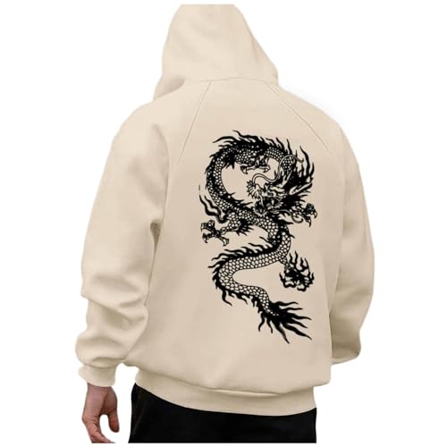 Generisch Hoodie Herren, Hoodie Herren Oversize Drachen Print Pullover Sweatshirt mit Kapuze Backprint Langarm Kapuzenpullover Hoody mit Kordelzug Tasche Männer Winter Casual Kapuzenpulli Hoodies von Generisch