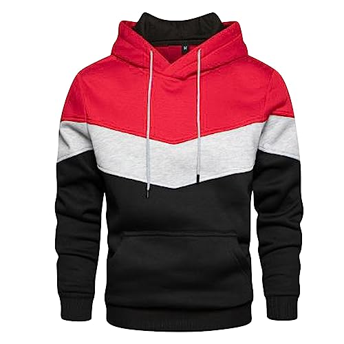 Generisch Hoodie Herren Pullover Langarm Sweatjacke Kapuzenpullover Farbblock Sweatshirt Oversize Modische Langarm Fleecepullover Locker Bequemer Sweatshirt mit Kapuze Drawstring Hoody (01 Rot, 3XL) von Generisch