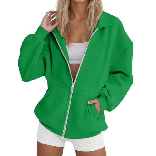 Generisch Hoodie Jacke Damen Sweatjacke Y2K Zip Hoodie Herbst Elegant Lang Zipper Kapuzenjacke Herbst Winter Dünne Sportjacken Hoodie mit Reißverschluss Bequeme Sweatshirt Pullover mit Tasche Grün,M von Generisch