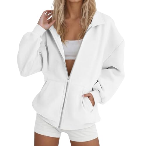 Generisch Hoodie Jacke Damen Sweatjacke Y2K Zip Hoodie Herbst Elegant Lang Zipper Kapuzenjacke Herbst Winter Dünne Sportjacken Hoodie mit Reißverschluss Bequeme Sweatshirt Pullover mit Tasche Weiß,Xl von Generisch