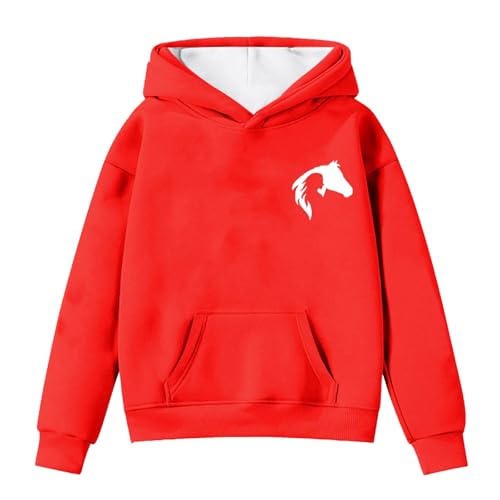Generisch Hoodie Mädchen Mädchen Hoodies & Sweatshirts Winter Warmer Fleecepullover mit Tasche Niedlicher Pferdedruck Langarm Lässiges Kapuzenpullover für Kleinkinder Klein Damen Top (Red, 6-7 Years) von Generisch