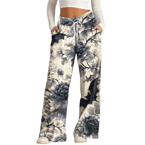 Generisch Hose Damen, Weiße Hose Damen, Jogginghose Halloween Baggy Kostüm Sporthose Lang Trainingshose Yogahose Lockere Bequem Sweatpants Weites Bein Freizeithose Laufhose Sweathose von Generisch