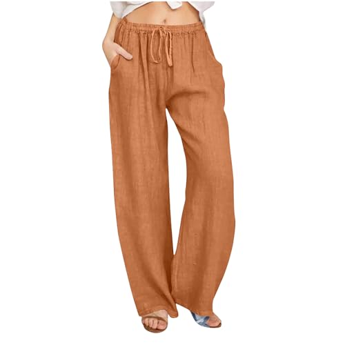 Generisch Hose Damen Leinenhose 2025 Sommerhose Baumwolle Cargohosen Leicht Frau Jogginghosen Einfarbig Bequeme Sporthose Schlaghose Weite Cargo Hose Orange XXL von Generisch