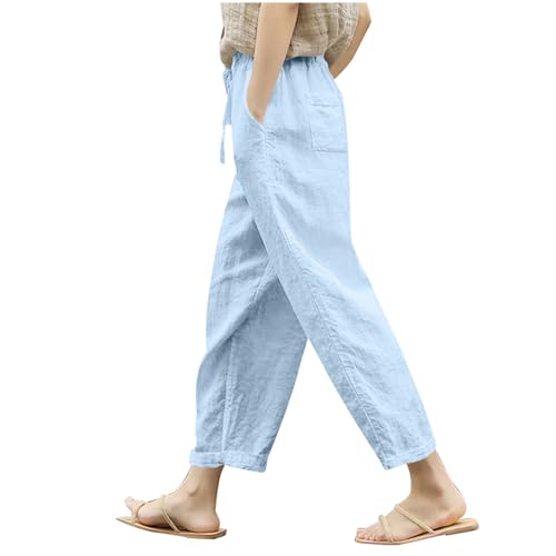 Generisch Hose Damen Leinenhose Leicht Sommerhosen Baumwolle Cargohose 2025 Frau Jogginghose Freizeit Wanderhosen Outlet Schlaghose 70er Sporthosen Weite Hose Kariert Prime Hellblau XL von Generisch
