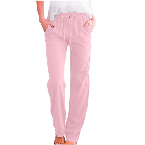 Generisch Hosen Damen Leinenhose Casual Sommerhosen Baumwolle Cargohosen Leicht Frauen Jogginghose Y2k Relaxhose Outlet Schlaghose 70er Prime Sweatpants Lang Hose Kariert Sale Rosa M von Generisch