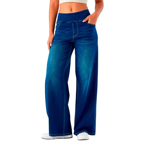 Generisch Hosen Damen Sommerhose Leicht Sommer Hose Jeans mit weitem Bein zum Reinschlüpfen für Damen hohe Taille dehnbar Trendige Jeans mit geradem Bein Sports Hose Softshell (Dark Blue L) von Generisch