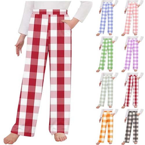 Generisch Hosen Mädchen Pyjamahose Baggy Hose Kinder Karierte Jogginghose Schlafanzughose Freizeithose mit Elastischer Bund Warm Kuschelhose Winterhose mit Taschen Loungehose Rot, 6 Jahre von Generisch