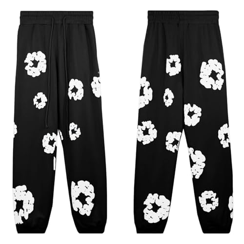Generisch Hosen Winter Hosen Herren Lose Relaxed-Fit Sweathose Blumen Druck D T Jogginghose Aestethic Sweatpants Breites Bein Freizeithosen Outdoorhose Denim T Stoffhose Männer mit Blumen Streetwear von Generisch