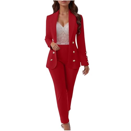 Generisch Damen Business 2 Teiler Festlich Anzug Damen Elegant Winter Business Hosenanzug Blazer Set Hose 2-Teilig Hausanzug Damen Kuschelig Zweiteiler Slim Fit Anzug Frauen mit Knöpfen von Generisch