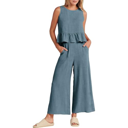 Generisch Hosenanzug Damen Elegant 2 Teiler Freizeitanzug Lässige Anzug Jogginganzug Hausanzug Casual Rundhalsausschnitt Ohne Ärmel Top mit Rüschen und Weites Bein 7/8-Hose Loungewear Outfits Generisch Hosenanzug Damen Elegant 2 Teiler Freizeitanzug Lässige Anzug Jogginganzug Hausanzug Casual Rundhalsausschnitt Ohne Ärmel Top mit Rüschen und Weites Bein 7/8-Hose Loungewear Outfits von Generisch
