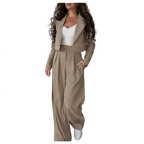 Generisch Hosenanzug Damen Elegant Business Set 2-teilig Slim fit Hose Outfit Casual Sportlich Freizeitanzug Longblazer Lang Hosen Tracksuit Einfarbig Streetwear Damen Hosenanzug Set (Khaki, L) von Generisch