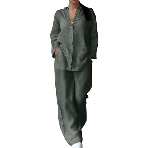 Generisch Hosenanzug Damen Große Größen Baumwolle Leinen Elegant 2 Teiler Hausanzug Damen Kuschelig Oversize Anzug Damen 2 Teilig Baggy Langarm Zweiteiler Frauen Weites Bein Freizeitanzug Einfarbig von Generisch