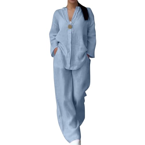 Generisch Hosenanzug Damen Große Größen Baumwolle Leinen Elegant 2 Teiler Hausanzug Damen Kuschelig Oversize Anzug Damen 2 Teilig Baggy Langarm Zweiteiler Frauen Weites Bein Freizeitanzug Einfarbig von Generisch
