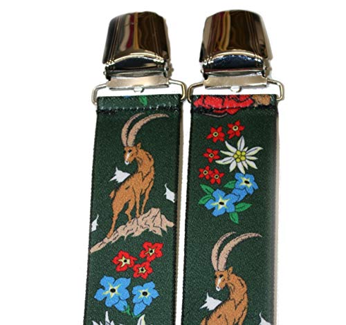 Hosenträge STEINBOCK EDELWEISS ENZIAN ADLER MURMELTIER JÄGER WANDERER ALPINIST AUSTRIA - ÖSTERREICH 35mm Breit in H-Form mit 4 extra starkenClips/SteinbMurmeltierGrün ST-003 von EDERER