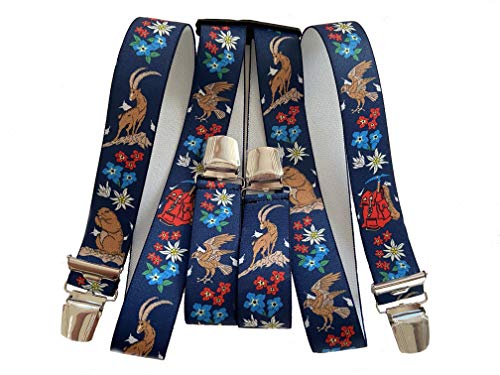 Hosenträge STEINBOCK EDELWEISS ENZIAN ADLER MURMELTIER JÄGER WANDERER ALPINIST AUSTRIA - ÖSTERREICH 35mm H-Form mit 4 extra starken Clips/Steinb.Murmeltier Blau ST-002 von EDERER